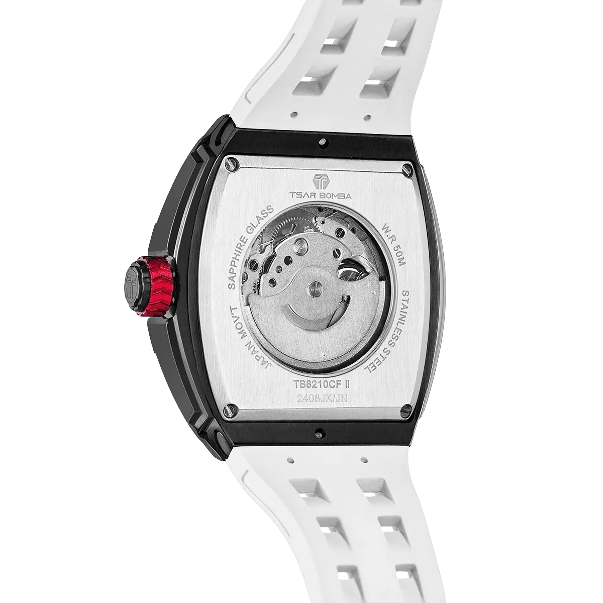Rear view of the: TSAR BOMBA Elemental TB8210CF Elite White men’s tonneau watch, featuring a tonneau stainless steel case