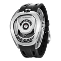 Side view of the TSAR BOMBA Reactor TB8213 staless steel Automatic Interchangeable Men's Watch. Features a sliver stainless steel case and bezel, powered by a Japanese automatic movement. Top dial: minutes; central dial: seconds. Bottom main display: hour hand = pointer reading + central window reading. The TB8213 utilizes the TSAR BOMBA interchangeable module system, allowing for quick and tool-free changes of the strap, bezel, and crown.black strap
