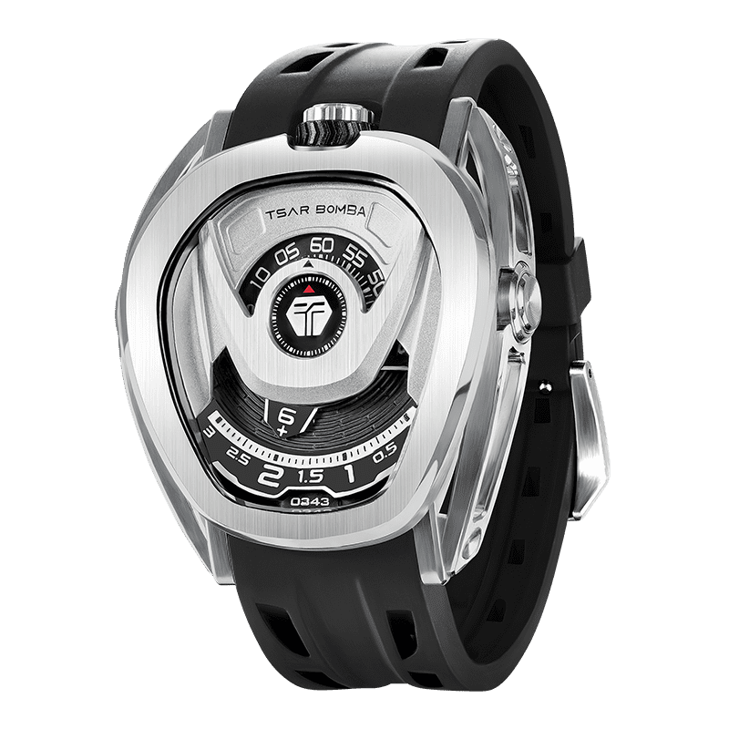 Side view of the TSAR BOMBA Reactor TB8213 staless steel Automatic Interchangeable Men's Watch. Features a sliver stainless steel case and bezel, powered by a Japanese automatic movement. Top dial: minutes; central dial: seconds. Bottom main display: hour hand = pointer reading + central window reading. The TB8213 utilizes the TSAR BOMBA interchangeable module system, allowing for quick and tool-free changes of the strap, bezel, and crown.black strap