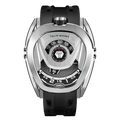 Front view of the TSAR BOMBA Reactor TB8213 staless steel Automatic Interchangeable Men's Watch. Features a sliver stainless steel case and bezel, powered by a Japanese automatic movement. Top dial: minutes; central dial: seconds. Bottom main display: hour hand = pointer reading + central window reading. The TB8213 utilizes the TSAR BOMBA interchangeable module system, allowing for quick and tool-free changes of the strap, bezel, and crown.black strap