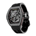 TSAR BOMBA Atomic automatic-skeleton-tonneau-men-watch-TB8218D- zirconia diamond bezel and blac strap, Left three-quarter-view; Features a zirconia diamon bezel and an interchangeable fluoro-rubber strap. It utilizes TSAR BOMBA’s patented technology, allowing for the tool-free, rapid swapping of the strap, bezel, and crown. Since your watch can change its style, why buy another one?