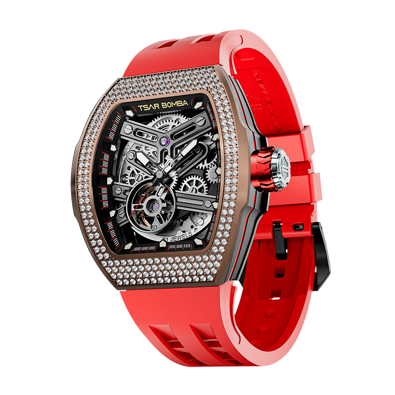 TSAR BOMBA Atomic automatic-skeleton-tonneau-men-watch-TB8218D- zirconia diamond bezel and red
 strap, Left three-quarter-view; Features a zirconia diamon bezel and an interchangeable fluoro-rubber strap. It utilizes TSAR BOMBA’s patented technology, allowing for the tool-free, rapid swapping of the strap, bezel, and crown. Since your watch can change its style, why buy another one?