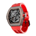 TSAR BOMBA Atomic automatic-skeleton-tonneau-men-watch-TB8218D- zirconia diamond bezel and red
 strap, Left three-quarter-view; Features a zirconia diamon bezel and an interchangeable fluoro-rubber strap. It utilizes TSAR BOMBA’s patented technology, allowing for the tool-free, rapid swapping of the strap, bezel, and crown. Since your watch can change its style, why buy another one?