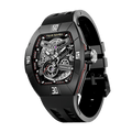 TSAR BOMBA Atomic automatic-skeleton-tonneau-men-watch-TB8218DF- Dynamic fluororubber bezel and black strap, Left three-quarter-view; Features a dynamic fluororubber bezel（Features numerical markers at the 12, 3, 6, and 9 o'clock positions.） and an interchangeable fluoro-rubber strap. It utilizes TSAR BOMBA’s patented technology, allowing for the tool-free, rapid swapping of the strap, bezel, and crown. Since your watch can change its style, why buy another one?