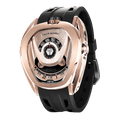 Side view of the TSAR BOMBA Reactor TB8213 staless steel Automatic Interchangeable Men's Watch. Features a gold stainless steel case and bezel, powered by a Japanese automatic movement. Top dial: minutes; central dial: seconds. Bottom main display: hour hand = pointer reading + central window reading. The TB8213 utilizes the TSAR BOMBA interchangeable module system, allowing for quick and tool-free changes of the strap, bezel, and crown.