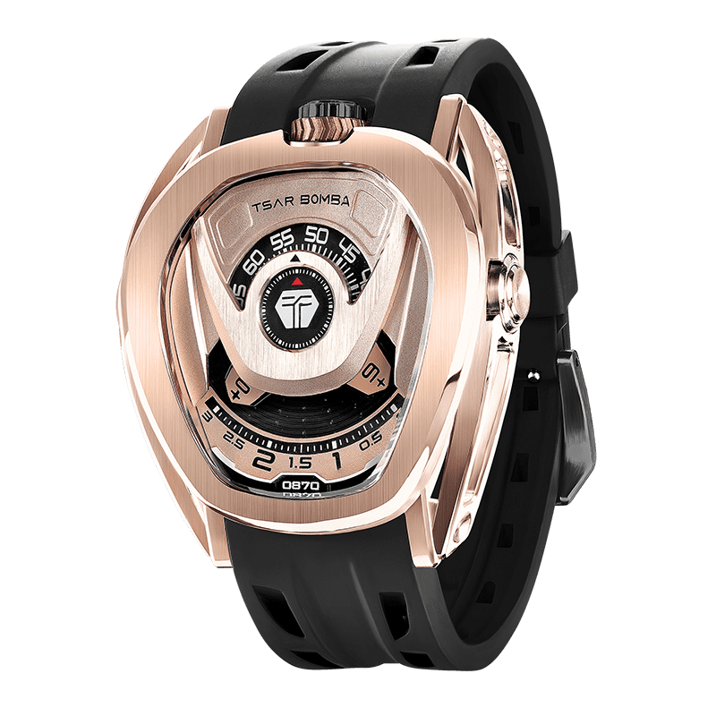 Side view of the TSAR BOMBA Reactor TB8213 staless steel Automatic Interchangeable Men's Watch. Features a gold stainless steel case and bezel, powered by a Japanese automatic movement. Top dial: minutes; central dial: seconds. Bottom main display: hour hand = pointer reading + central window reading. The TB8213 utilizes the TSAR BOMBA interchangeable module system, allowing for quick and tool-free changes of the strap, bezel, and crown.