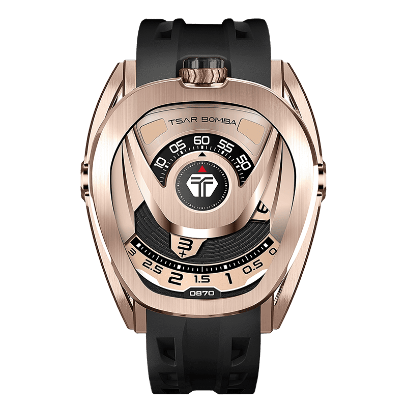 Front view of the TSAR BOMBA Reactor TB8213 staless steel Automatic Interchangeable Men's Watch. Features a gold stainless steel case and bezel, powered by a Japanese automatic movement. Top dial: minutes; central dial: seconds. Bottom main display: hour hand = pointer reading + central window reading. The TB8213 utilizes the TSAR BOMBA interchangeable module system, allowing for quick and tool-free changes of the strap, bezel, and crown.