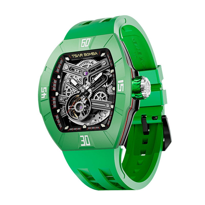 TSAR BOMBA Atomic automatic-skeleton-tonneau-men-watch-TB8218DF- Dynamic fluororubber bezel and green strap, Left three-quarter-view; Features a dynamic fluororubber bezel（Features numerical markers at the 12, 3, 6, and 9 o'clock positions.） and an interchangeable fluoro-rubber strap. It utilizes TSAR BOMBA’s patented technology, allowing for the tool-free, rapid swapping of the strap, bezel, and crown. Since your watch can change its style, why buy another one?
