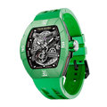 TSAR BOMBA Atomic automatic-skeleton-tonneau-men-watch-TB8218DF- Dynamic fluororubber bezel and green strap, Left three-quarter-view; Features a dynamic fluororubber bezel（Features numerical markers at the 12, 3, 6, and 9 o'clock positions.） and an interchangeable fluoro-rubber strap. It utilizes TSAR BOMBA’s patented technology, allowing for the tool-free, rapid swapping of the strap, bezel, and crown. Since your watch can change its style, why buy another one?