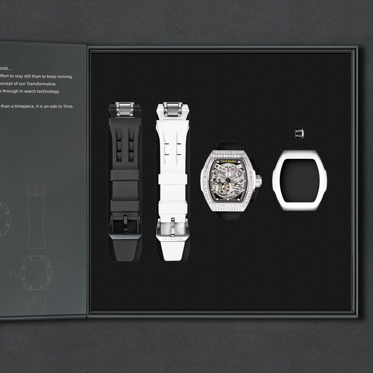 TSAR-BOMBA-Atomic-TB8218D-zirconia-diamond-set_2-in-1. Set includes 1 automatic watch core and  1 zirconia diamond bezel and 1 fluororubber bezel and 2 fluororubber strap and 2 crown. Utilizes TSAR BOMBA’s patented technology for interchangeable straps, bezels, and crowns. Quickly swap modules without tools—since your watch can change its style, why buy another one?