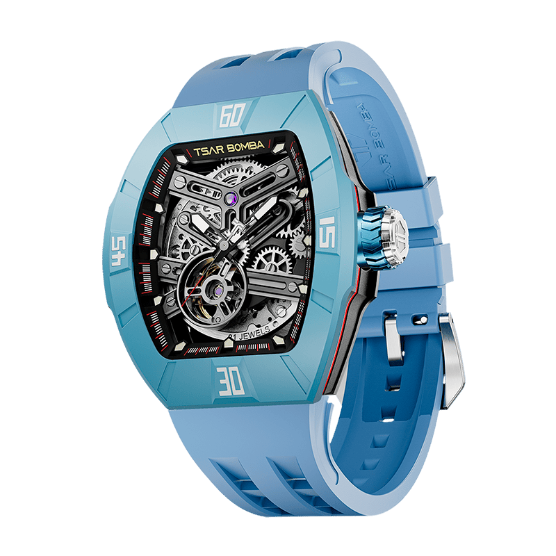 TSAR BOMBA Atomic automatic-skeleton-tonneau-men-watch-TB8218DF- Dynamic fluororubber bezel and sky blue strap, Left three-quarter-view; Features a dynamic fluororubber bezel（Features numerical markers at the 12, 3, 6, and 9 o'clock positions.） and an interchangeable fluoro-rubber strap. It utilizes TSAR BOMBA’s patented technology, allowing for the tool-free, rapid swapping of the strap, bezel, and crown. Since your watch can change its style, why buy another one?