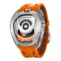 Side view of the TSAR BOMBA Reactor TB8213 staless steel Automatic Interchangeable Men's Watch. Features a sliver stainless steel case and bezel, powered by a Japanese automatic movement. Top dial: minutes; central dial: seconds. Bottom main display: hour hand = pointer reading + central window reading. The TB8213 utilizes the TSAR BOMBA interchangeable module system, allowing for quick and tool-free changes of the strap, bezel, and crown.orange strap