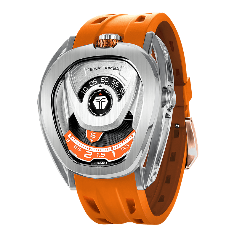 Side view of the TSAR BOMBA Reactor TB8213 staless steel Automatic Interchangeable Men's Watch. Features a sliver stainless steel case and bezel, powered by a Japanese automatic movement. Top dial: minutes; central dial: seconds. Bottom main display: hour hand = pointer reading + central window reading. The TB8213 utilizes the TSAR BOMBA interchangeable module system, allowing for quick and tool-free changes of the strap, bezel, and crown.orange strap
