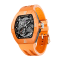 TSAR BOMBA Atomic automatic-skeleton-tonneau-men-watch-TB8218DF- Dynamic fluororubber bezel and orange strap, Left three-quarter-view; Features a dynamic fluororubber bezel（Features numerical markers at the 12, 3, 6, and 9 o'clock positions.） and an interchangeable fluoro-rubber strap. It utilizes TSAR BOMBA’s patented technology, allowing for the tool-free, rapid swapping of the strap, bezel, and crown. Since your watch can change its style, why buy another one?