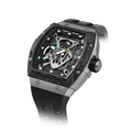 The TB8216 is a Tsarbomba watch featuring a carbon fiber bezel, a titanium case, and a black fluororubber strap, The 12 o'clock position is the power reserve indicator. with interchangeable bezel, strap, and crown.