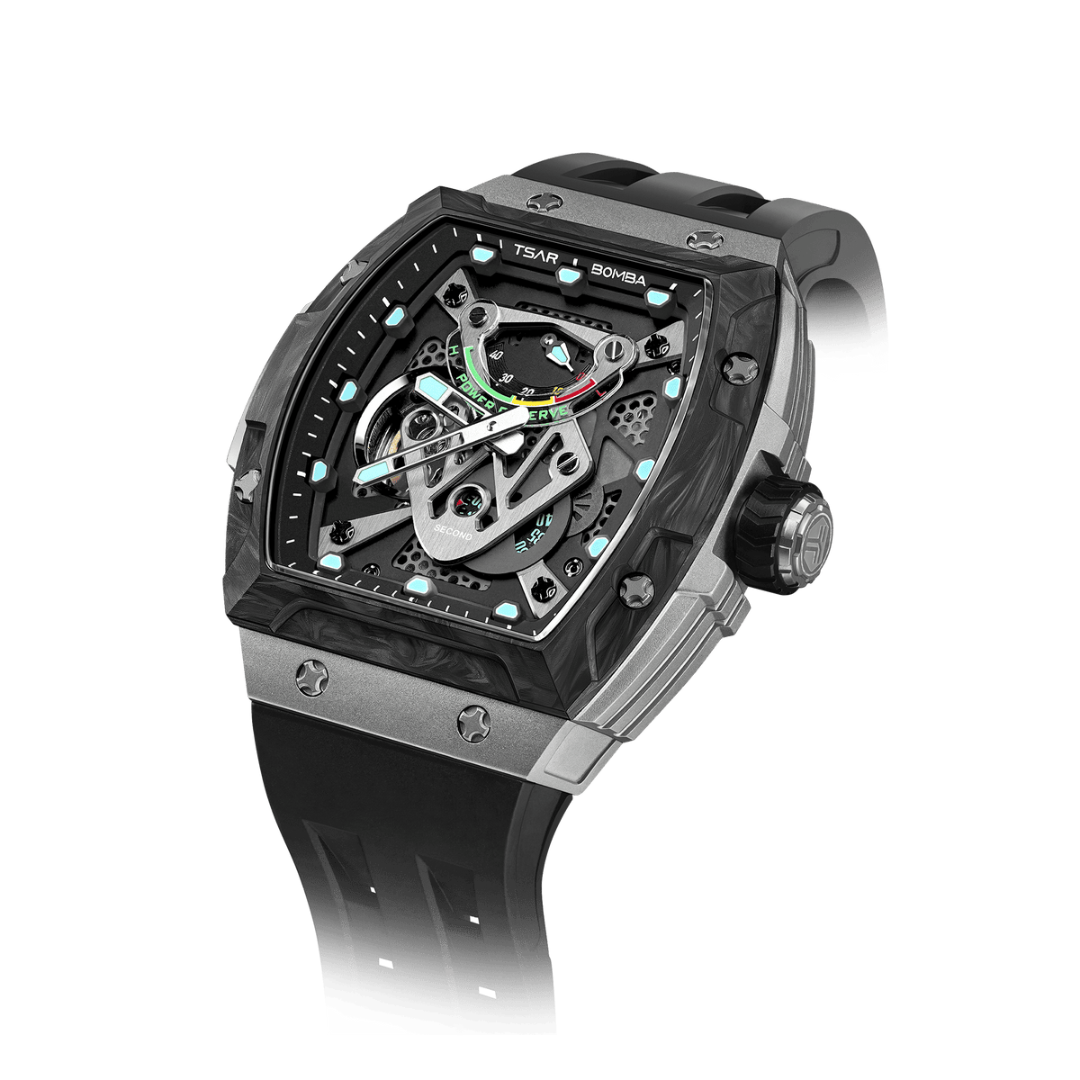 The TB8216 is a Tsarbomba watch featuring a carbon fiber bezel, a titanium case, and a black fluororubber strap, The 12 o'clock position is the power reserve indicator. with interchangeable bezel, strap, and crown.