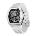 TSAR BOMBA Atomic automatic-skeleton-tonneau-men-watch-TB8218cf- Carbon fiber white bezel and white strap, Left three-quarter-view; Features a carbon fiber bezel and an interchangeable fluoro-rubber strap. It utilizes TSAR BOMBA’s patented technology, allowing for the tool-free, rapid swapping of the strap, bezel, and crown. Since your watch can change its style, why buy another one?