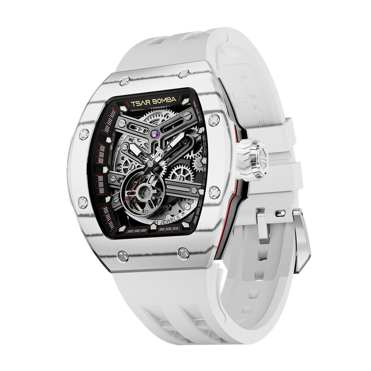 TSAR BOMBA Atomic automatic-skeleton-tonneau-men-watch-TB8218cf- Carbon fiber white bezel and white strap, Left three-quarter-view; Features a carbon fiber bezel and an interchangeable fluoro-rubber strap. It utilizes TSAR BOMBA’s patented technology, allowing for the tool-free, rapid swapping of the strap, bezel, and crown. Since your watch can change its style, why buy another one?