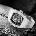 TSAR BOMBA Elemental TB8208C men’s White Black tonneau watch with a stainless steel case and white ceramic bezel and black skeleton dial and white strap.