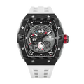 Front view of the TSAR BOMBA Elemental TB8210CF Elite White men’s tonneau watch, featuring a tonneau stainless steel case, a carbon fiber bezel, and white strap. The Seiko Epson automatic movement is displayed with a tourbillon at 9 o’clock, a power reserve indicator at 12 o’clock, and a 24-hour display at 6 o’clock.