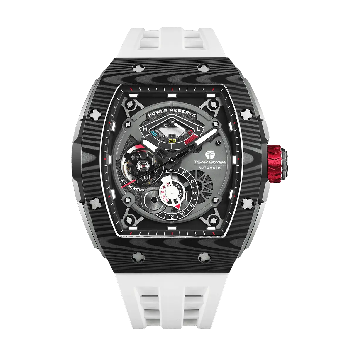 Front view of the TSAR BOMBA Elemental TB8210CF Elite White men’s tonneau watch, featuring a tonneau stainless steel case, a carbon fiber bezel, and white strap. The Seiko Epson automatic movement is displayed with a tourbillon at 9 o’clock, a power reserve indicator at 12 o’clock, and a 24-hour display at 6 o’clock.