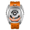 Front view of the TSAR BOMBA Reactor TB8213 staless steel Automatic Interchangeable Men's Watch. Features a sliver stainless steel case and bezel, powered by a Japanese automatic movement. Top dial: minutes; central dial: seconds. Bottom main display: hour hand = pointer reading + central window reading. The TB8213 utilizes the TSAR BOMBA interchangeable module system, allowing for quick and tool-free changes of the strap, bezel, and crown.orange strap