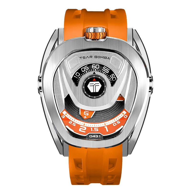 Front view of the TSAR BOMBA Reactor TB8213 staless steel Automatic Interchangeable Men's Watch. Features a sliver stainless steel case and bezel, powered by a Japanese automatic movement. Top dial: minutes; central dial: seconds. Bottom main display: hour hand = pointer reading + central window reading. The TB8213 utilizes the TSAR BOMBA interchangeable module system, allowing for quick and tool-free changes of the strap, bezel, and crown.orange strap