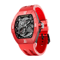 TSAR BOMBA Atomic automatic-skeleton-tonneau-men-watch-TB8218DF- Dynamic fluororubber bezel and red strap, Left three-quarter-view; Features a dynamic fluororubber bezel（Features numerical markers at the 12, 3, 6, and 9 o'clock positions.） and an interchangeable fluoro-rubber strap. It utilizes TSAR BOMBA’s patented technology, allowing for the tool-free, rapid swapping of the strap, bezel, and crown. Since your watch can change its style, why buy another one?