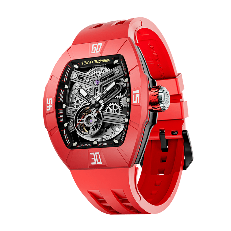 TSAR BOMBA Atomic automatic-skeleton-tonneau-men-watch-TB8218DF- Dynamic fluororubber bezel and red strap, Left three-quarter-view; Features a dynamic fluororubber bezel（Features numerical markers at the 12, 3, 6, and 9 o'clock positions.） and an interchangeable fluoro-rubber strap. It utilizes TSAR BOMBA’s patented technology, allowing for the tool-free, rapid swapping of the strap, bezel, and crown. Since your watch can change its style, why buy another one?