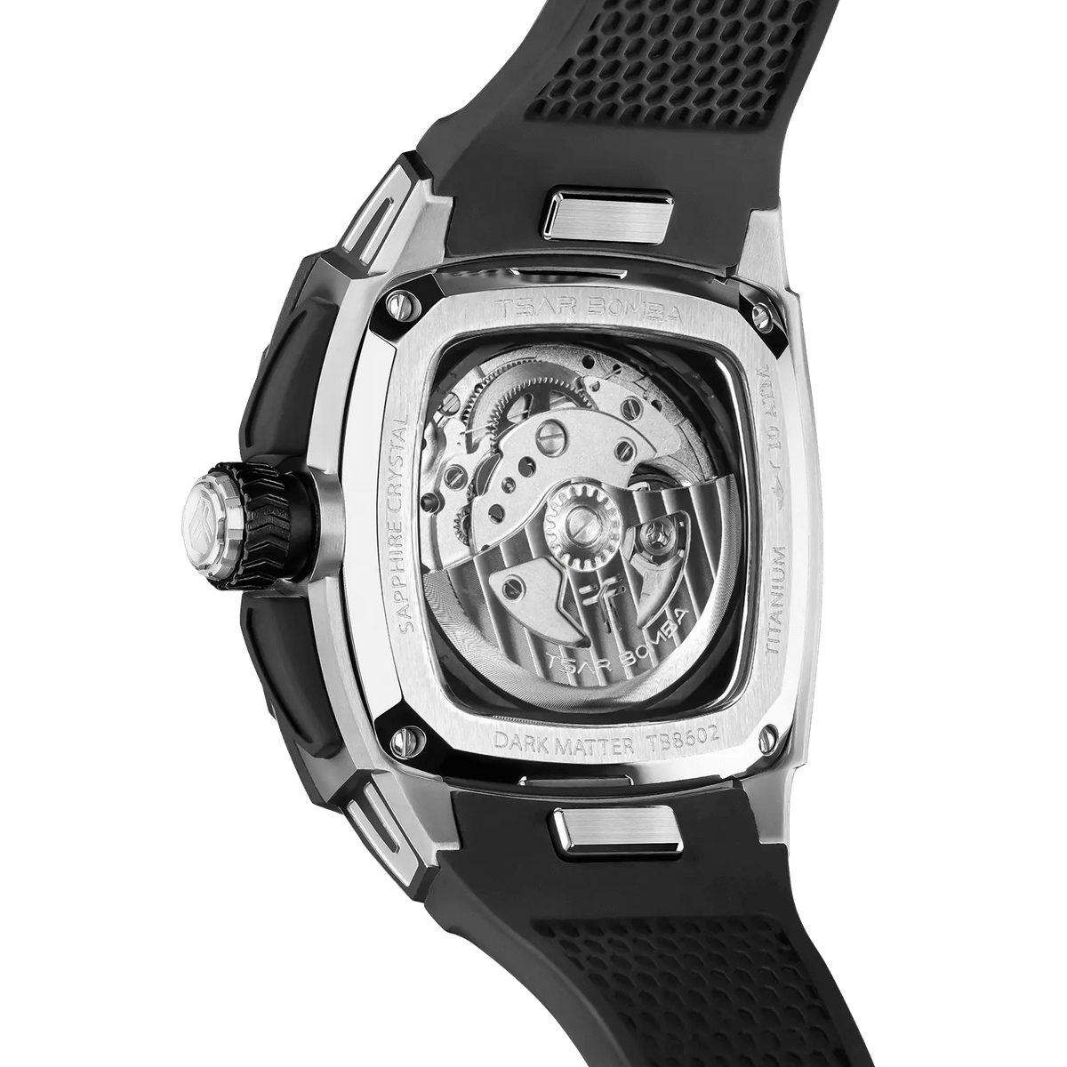 Powered by a Seiko Epson movement, A power reserve indicator is positioned at 12 o'clock; the stable movement delivers a power reserve of 50 hours (±10%). A 24-hour display dial is located at 6 o'clock, while a visible tourbillon is featured at 9 o'clock. The Dark Matter 2 features Grade A luminescent coating, scratch-resistant sapphire crystal, and a interchangeable fluororubber strap. Water-resistant to 100 meters (10 ATM).-carbon fiber bezel and titanium case -black-Rear view
