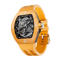 TSAR BOMBA Atomic automatic-skeleton-tonneau-men-watch-TB8218DF- Dynamic fluororubber bezel and yellow strap, Left three-quarter-view; Features a dynamic fluororubber bezel（Features numerical markers at the 12, 3, 6, and 9 o'clock positions.） and an interchangeable fluoro-rubber strap. It utilizes TSAR BOMBA’s patented technology, allowing for the tool-free, rapid swapping of the strap, bezel, and crown. Since your watch can change its style, why buy another one?