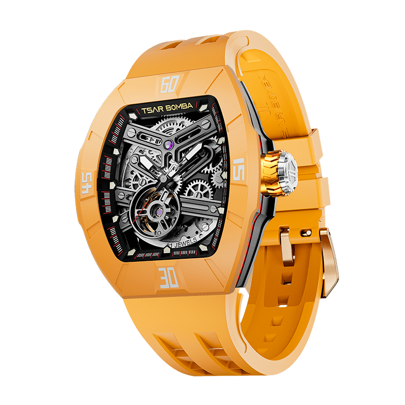 TSAR BOMBA Atomic automatic-skeleton-tonneau-men-watch-TB8218DF- Dynamic fluororubber bezel and yellow strap, Left three-quarter-view; Features a dynamic fluororubber bezel（Features numerical markers at the 12, 3, 6, and 9 o'clock positions.） and an interchangeable fluoro-rubber strap. It utilizes TSAR BOMBA’s patented technology, allowing for the tool-free, rapid swapping of the strap, bezel, and crown. Since your watch can change its style, why buy another one?