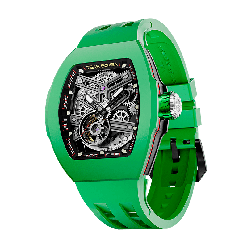 TSAR BOMBA Atomic TB8218F,stainless steel case and-Fluororubber-bezel , fluororubber strap.japan miyota automatic movement.skeleton dail design.- Green
