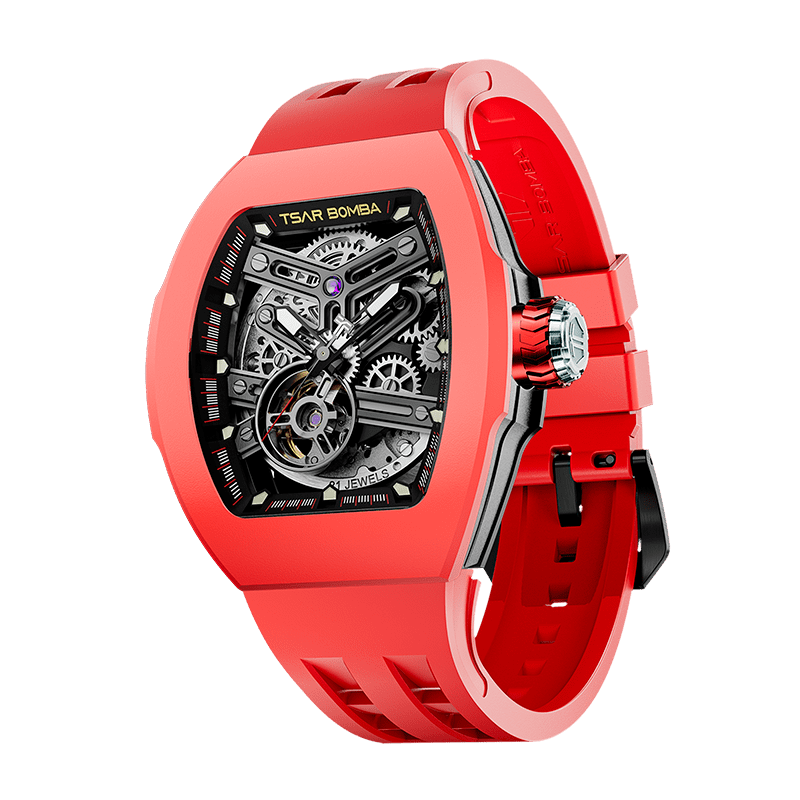 The TSARBOMBA TB8218DFTM-red Fluororubber bezel and red strap, Men’s Fashion Watch features a Miyota automatic mechanical movement, an eco-friendly fluororubber bezel, and interchangeable components, including an eco-friendly fluororubber strap. It offers 10ATM water resistance and a premium Grade A luminescent coating. With interchangeable straps, bezels, and crowns, why buy multiple watches when you can own just one that lets you switch up your style? Sapphire crystal—truly stunning--45° side view