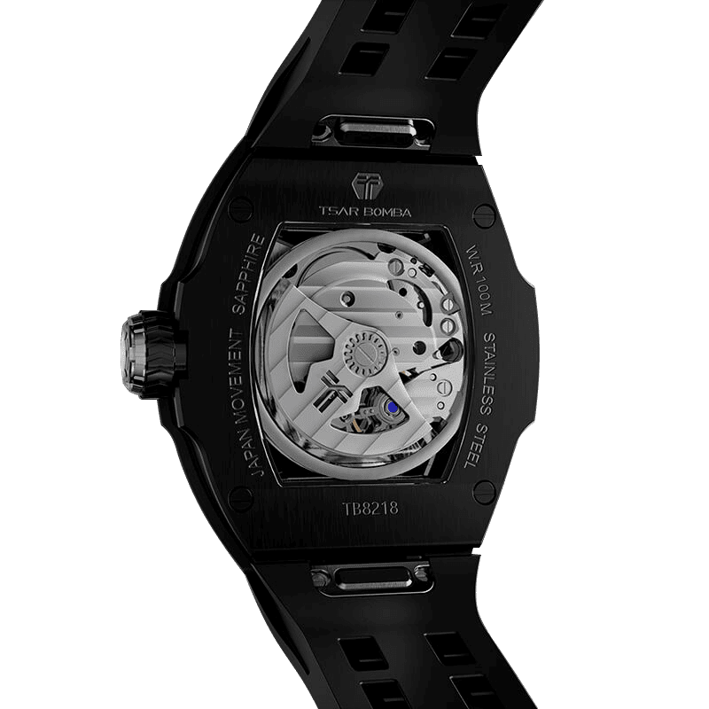 TSAR BOMBA Atomic automatic-skeleton-tonneau-men-watch-TB8218cf-Rear-view; Features a carbon fiber bezel and an interchangeable fluoro-rubber strap. Incorporates TSAR BOMBA’s patented technology, allowing for interchangeable straps, bezels, and crowns. Quickly swap modules without tools—since your watch can change its style, why buy another one?