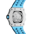 Rear view of the: TSAR BOMBA Elemental TB8208C men’s Blue tonneau watch with a stainless steel case and blue strap.