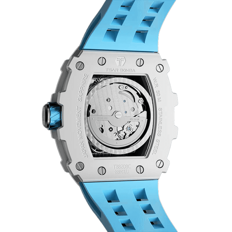 Rear view of the: TSAR BOMBA Elemental TB8208C men’s Blue tonneau watch with a stainless steel case and blue strap.
