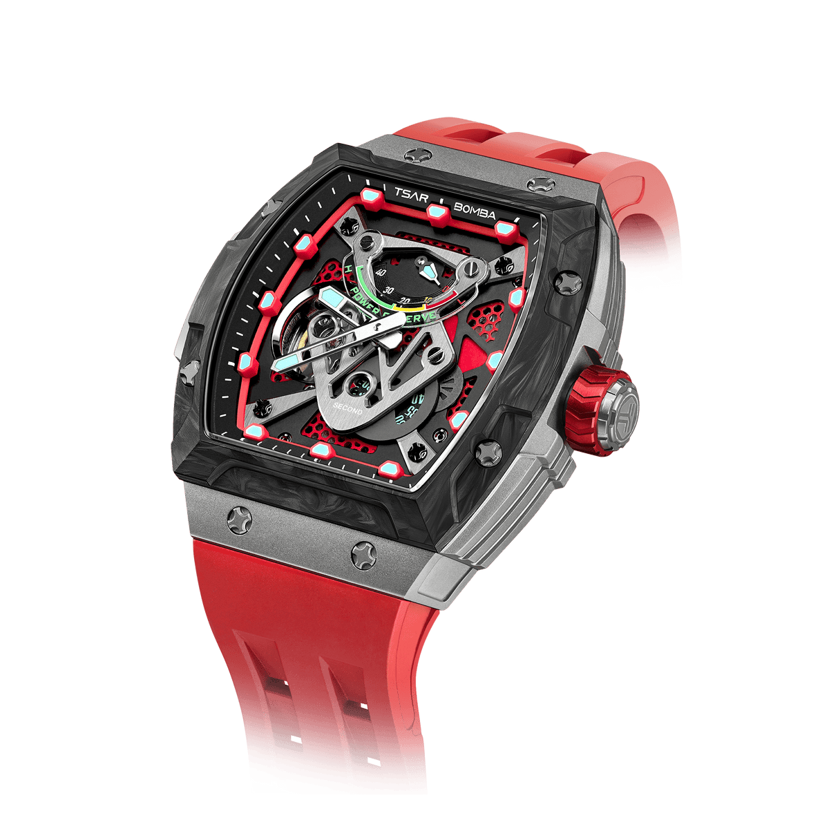 The TB8216 is a Tsarbomba watch featuring a carbon fiber bezel, a titanium case, and a red fluororubber strap, with interchangeable bezel, strap, and crown.limited edition watches