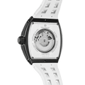 Rear view of the: TB8210CF Passion Red men’s tonneau watch, featuring a tonneau stainless steel case, a carbon fiber bezel, and white strap.