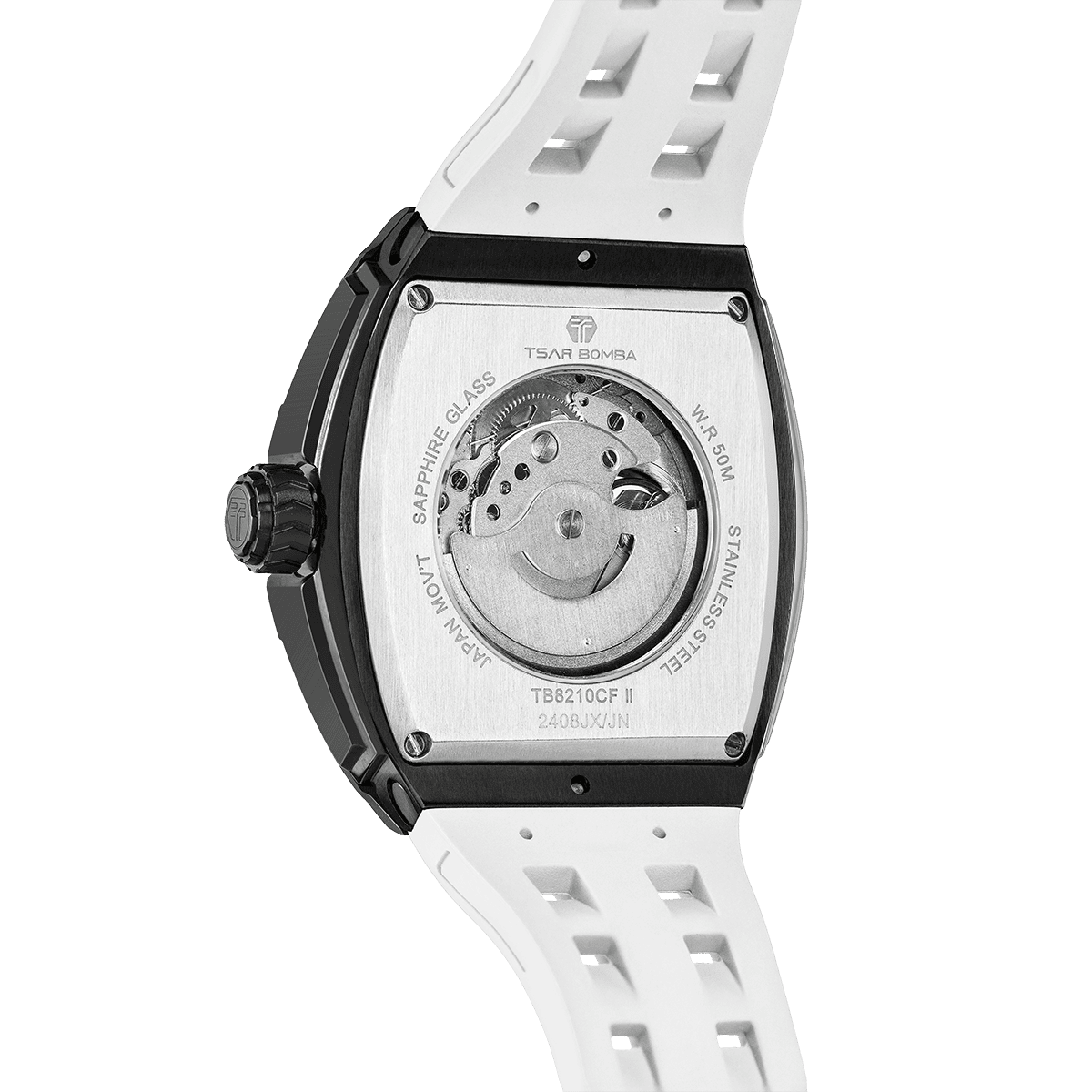 Rear view of the: TB8210CF Passion Red men’s tonneau watch, featuring a tonneau stainless steel case, a carbon fiber bezel, and white strap.