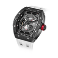 15° Left-Angled View TSAR BOMBA Elemental TB8210CF Elite White men’s tonneau watch, featuring a tonneau stainless steel case, a carbon fiber bezel, and white strap. The Seiko Epson automatic movement is displayed with a tourbillon at 9 o’clock, a power reserve indicator at 12 o’clock, and a 24-hour display at 6 o’clock.