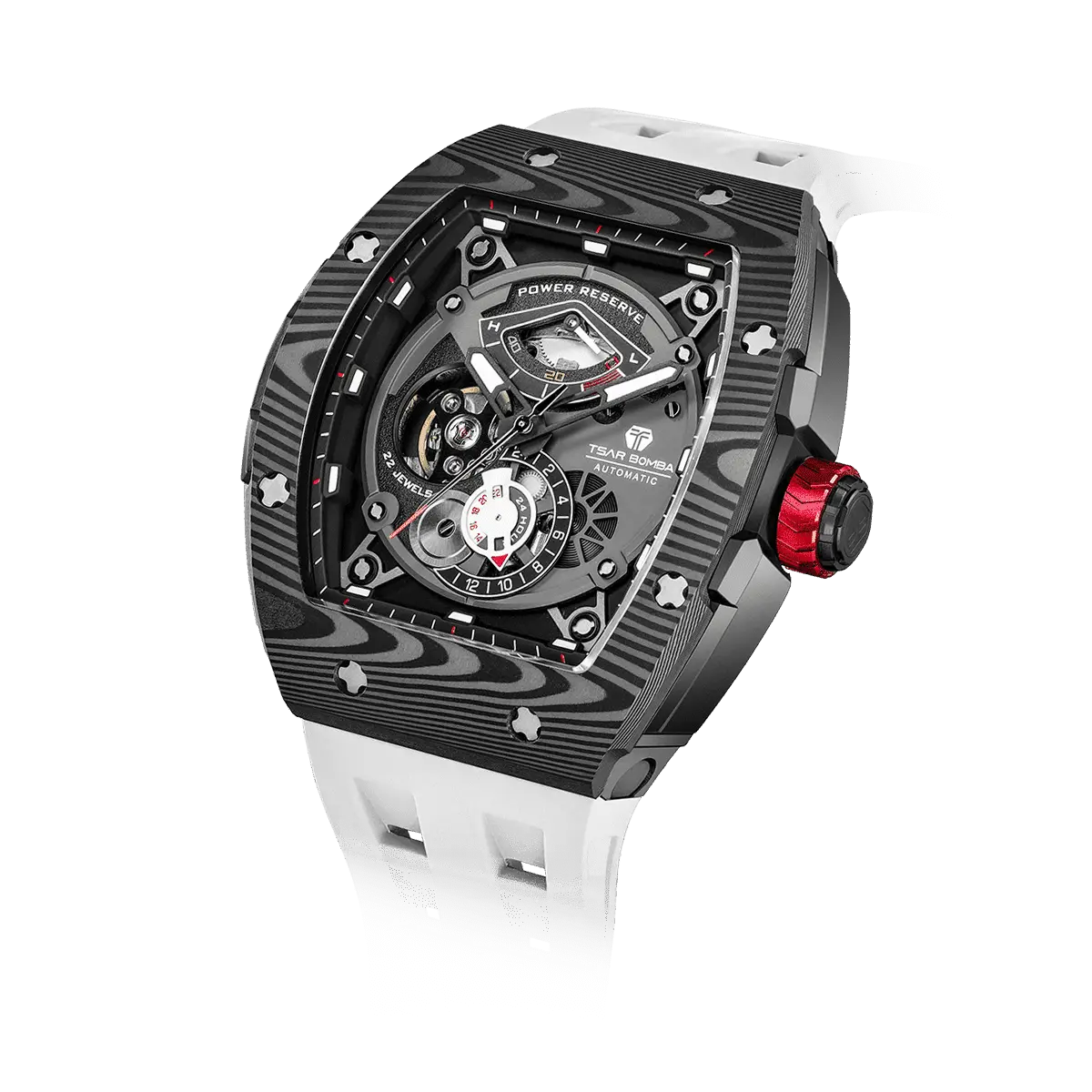15° Left-Angled View TSAR BOMBA Elemental TB8210CF Elite White men’s tonneau watch, featuring a tonneau stainless steel case, a carbon fiber bezel, and white strap. The Seiko Epson automatic movement is displayed with a tourbillon at 9 o’clock, a power reserve indicator at 12 o’clock, and a 24-hour display at 6 o’clock.