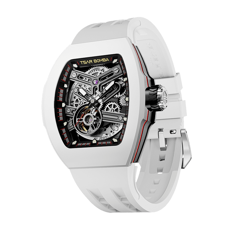 TSAR BOMBA Atomic TB8218F,stainless steel case and-Fluororubber-bezel , fluororubber strap.japan miyota automatic movement.skeleton dail design.- White bezel and white crown