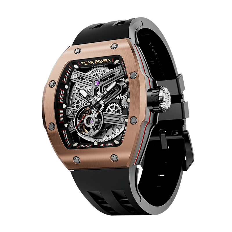 TSAR BOMBA Atomic TB8218A,stainless steel case and-stainless steel-bezel , fluororubber strap.japan miyota automatic movement.skeleton dail design.- Rose Gold