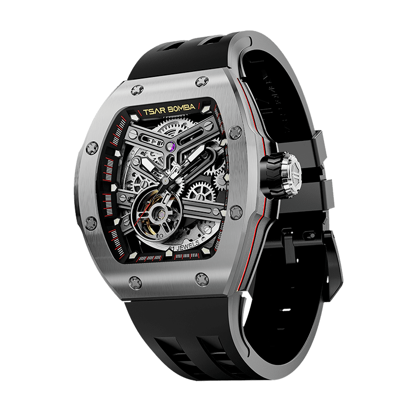 TSAR BOMBA Atomic TB8218A,stainless steel case and-stainless steel-bezel , fluororubber strap.japan miyota automatic movement.skeleton dail design.- silver