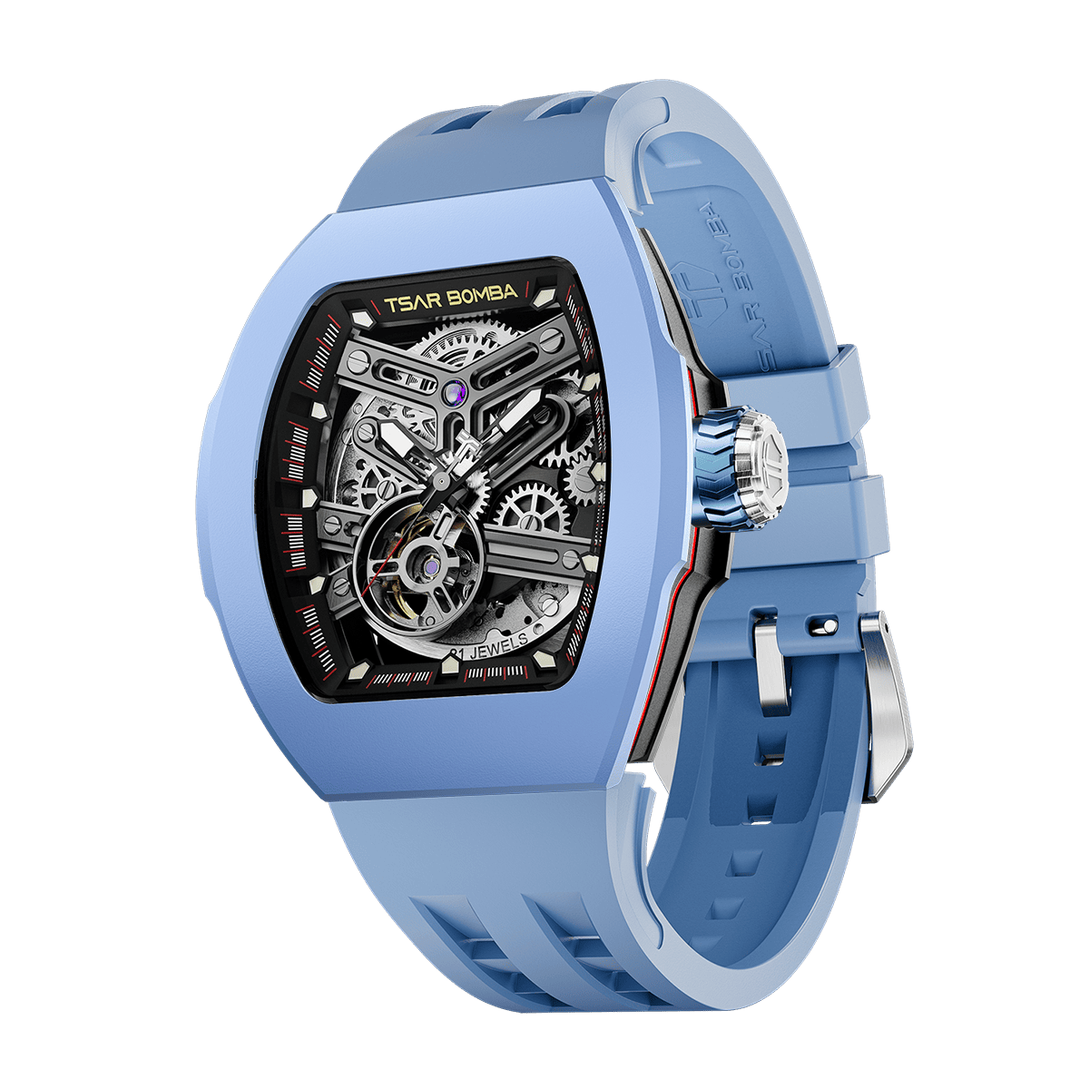 TSAR BOMBA Atomic TB8218F,stainless steel case and-Fluororubber-bezel , fluororubber strap.japan miyota automatic movement.skeleton dail design.- Blue