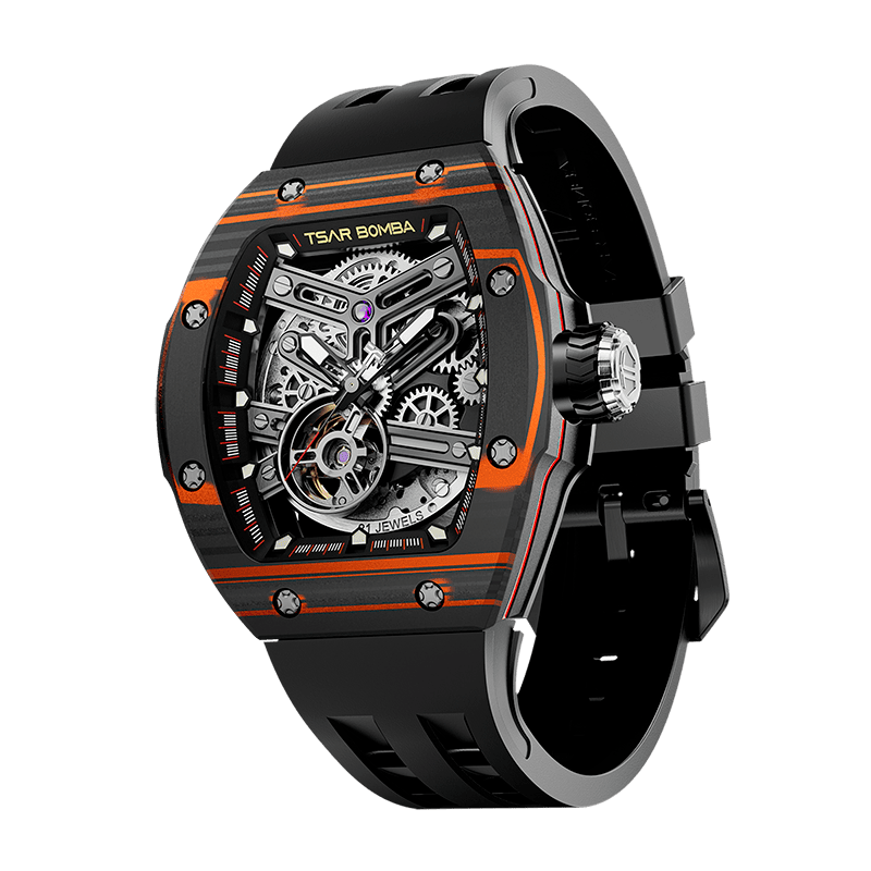 TSAR BOMBA Atomic automatic-skeleton-tonneau-men-watch-TB8218cf- Carbon fiber orange and black bezel, Left three-quarter-view; Features a carbon fiber bezel and an interchangeable fluoro-rubber strap. It utilizes TSAR BOMBA’s patented technology, allowing for the tool-free, rapid swapping of the strap, bezel, and crown. Since your watch can change its style, why buy another one?