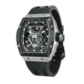 The TB8216 is a Tsarbomba watch featuring a carbon fiber bezel, a titanium case, and a black fluororubber strap, with interchangeable bezel, strap, and crown.--45°side view