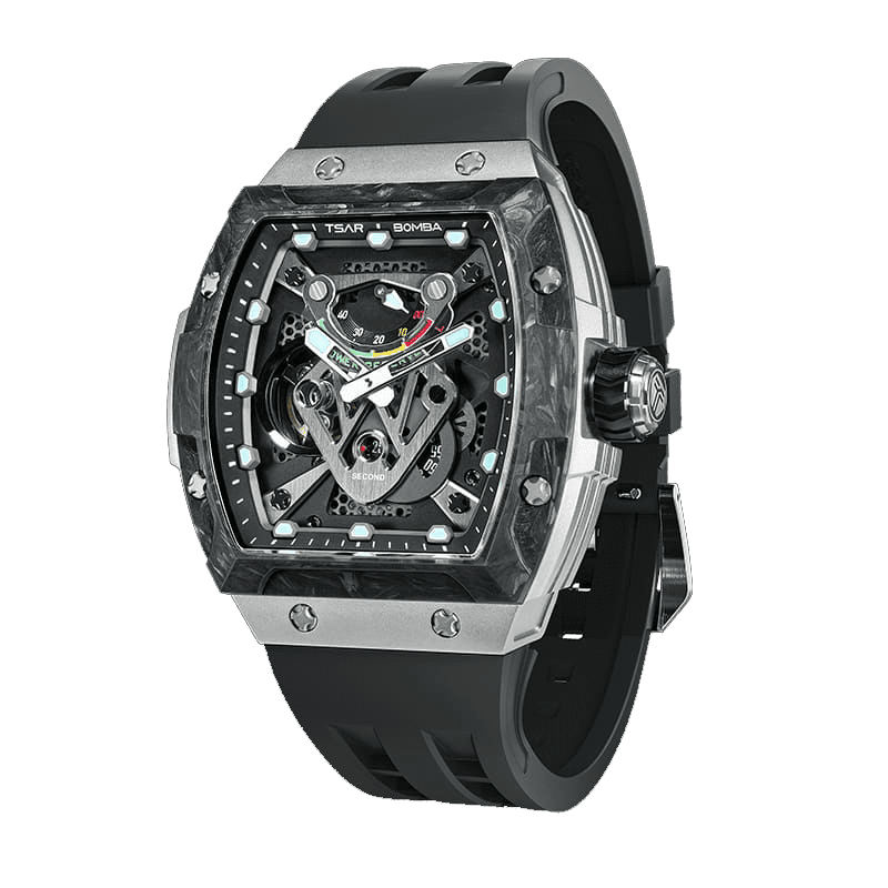 The TB8216 is a Tsarbomba watch featuring a carbon fiber bezel, a titanium case, and a black fluororubber strap, with interchangeable bezel, strap, and crown.--45°side view
