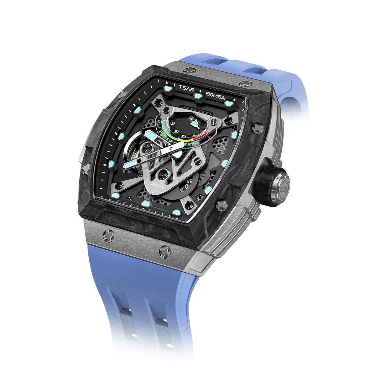 The TB8216 is a Tsarbomba watch featuring a carbon fiber bezel, a titanium case, and a black fluororubber strap, with interchangeable bezel, strap, and crown.limitde edition wathces